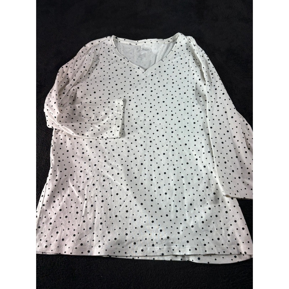 Chicos Women's White Black Polka Dot Long Sleeve V Neck Top Blouse Size 3